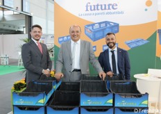 Francesco De Giovanni (centre) with his sons Marco and Roberto for Ecoplastica a company that stands out in the production of polypropylene crates for fruit and vegetable packaging.
